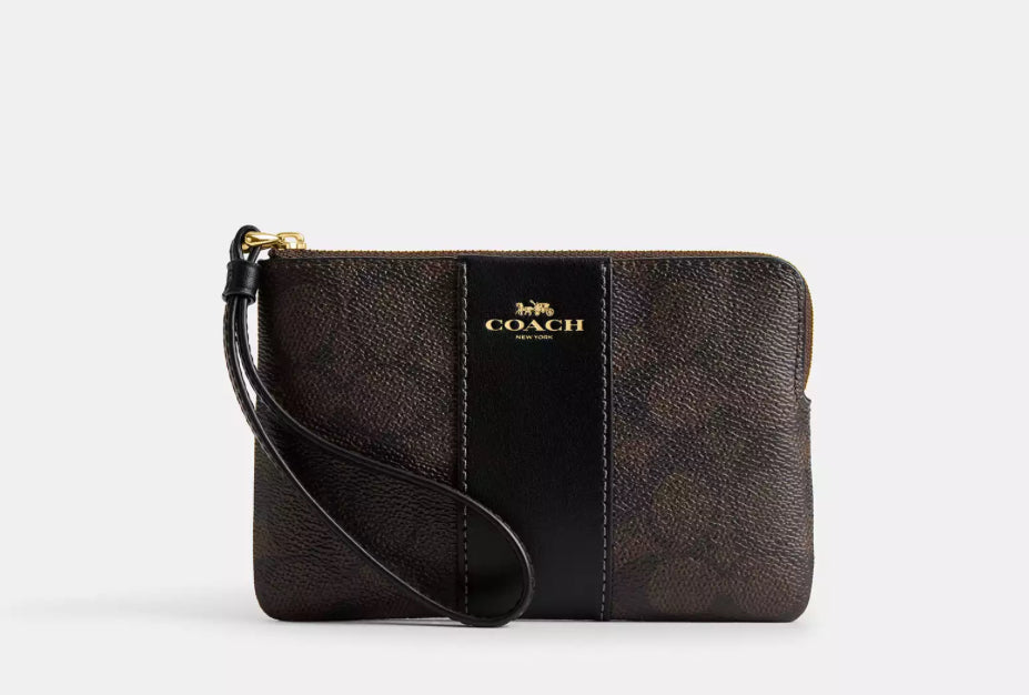 NWT Coach Signature Canvas & Leather Corner Zip Wristlet Wallet Walnut/Black