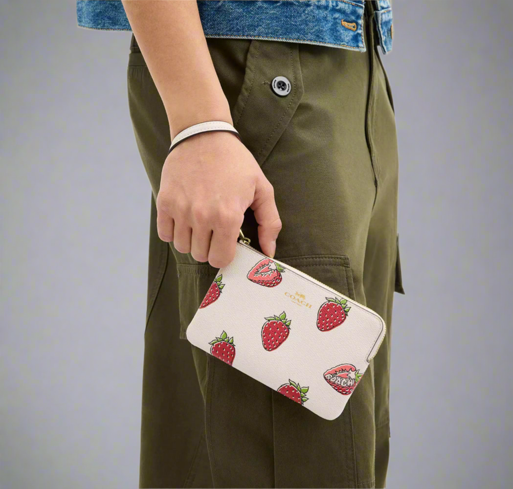 NWT Coach Corner Zip Wristlet With Strawberry Print