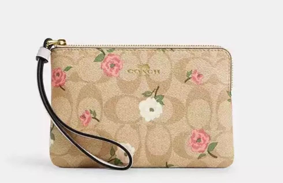 NWT Coach Corner Zip Wristlet Wallet In Signature Canvas & Leather With Floral Print