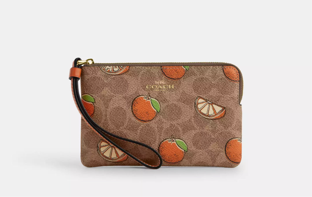NWT Coach Corner Zip Wristlet In Signature Canvas With Orange Print