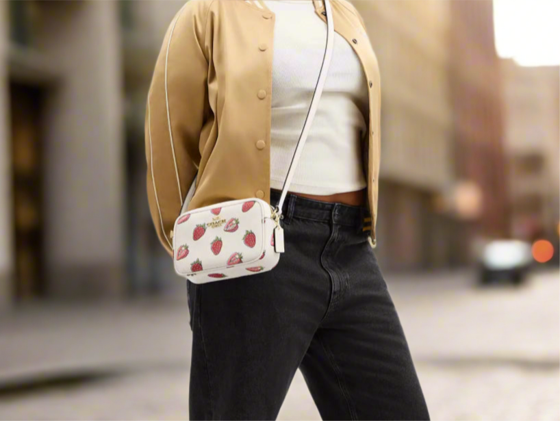 NWT Coach Mini Jamie Camera Bag With Strawberry Print In Chalk/Red