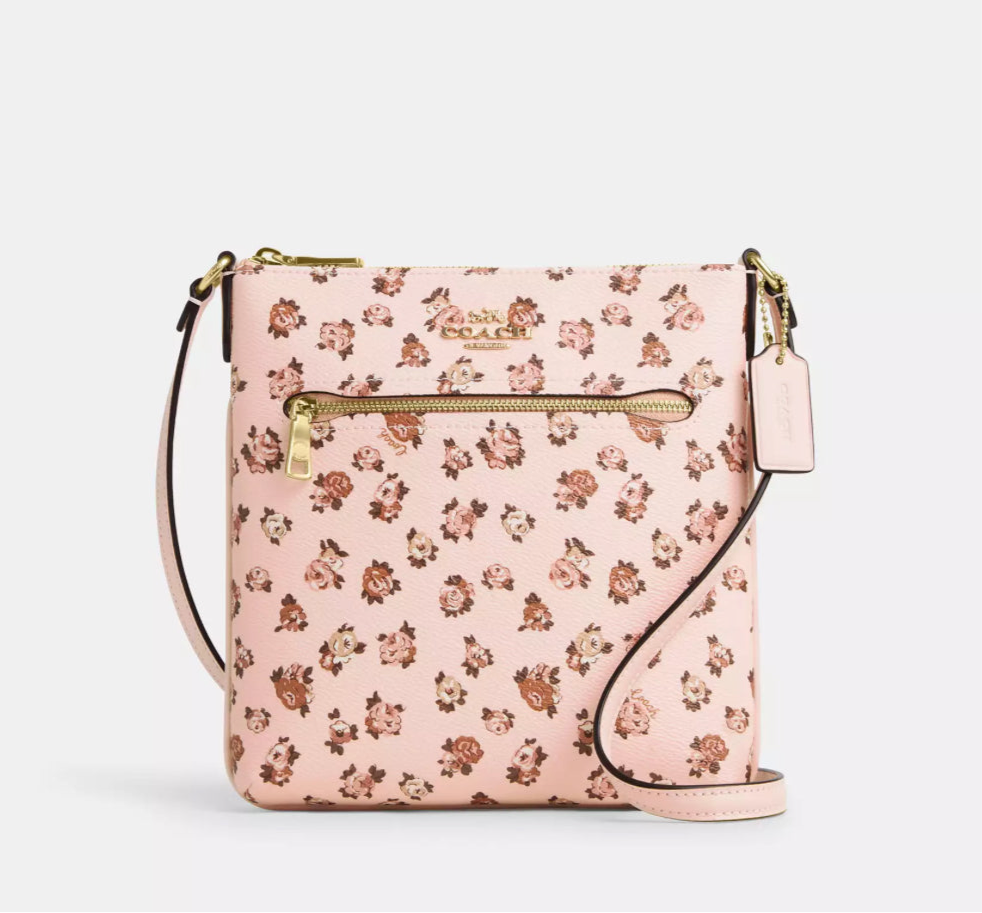 NWT Coach Mini Rowan File Bag With Rose Print In Gold/Blush – Ourbello