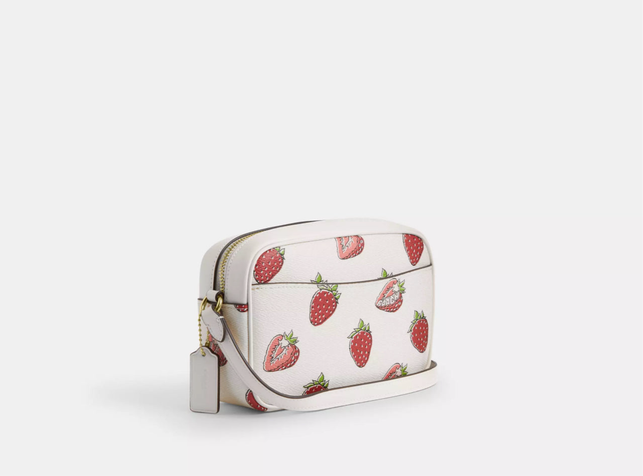 NWT Coach Mini Jamie Camera Bag With Strawberry Print In Chalk/Red