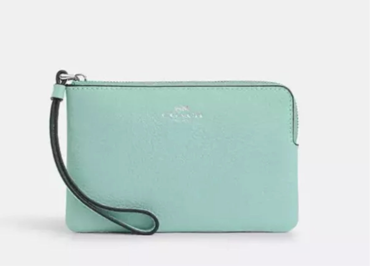 NWT Coach Corner Zip Wristlet In Leather Silver /Faded Blue