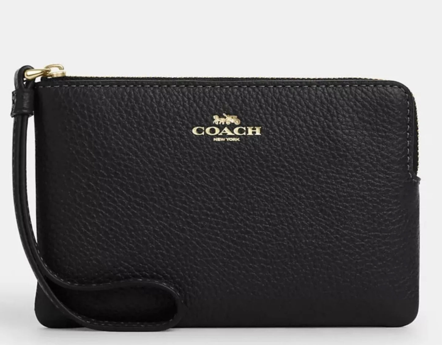 NWT Coach Cross Grain Leather Corner Zip Wristlet Wallet Gold/Black