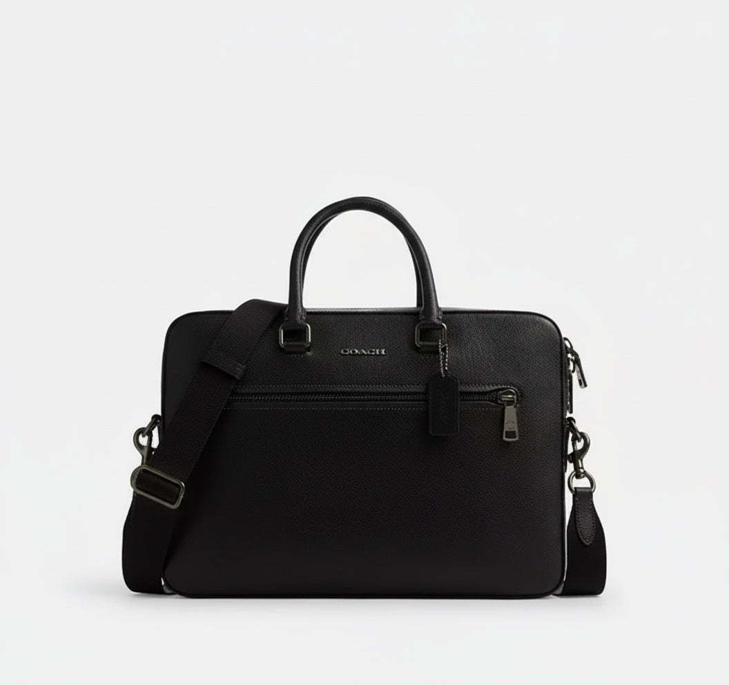 NWT Coach Ethan Slim Brief Laptop Leather Bag In Black