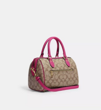 Coach Rowan Medium Satchel Bag In Signature Canvas & Leather Gold/Khaki/Cerise