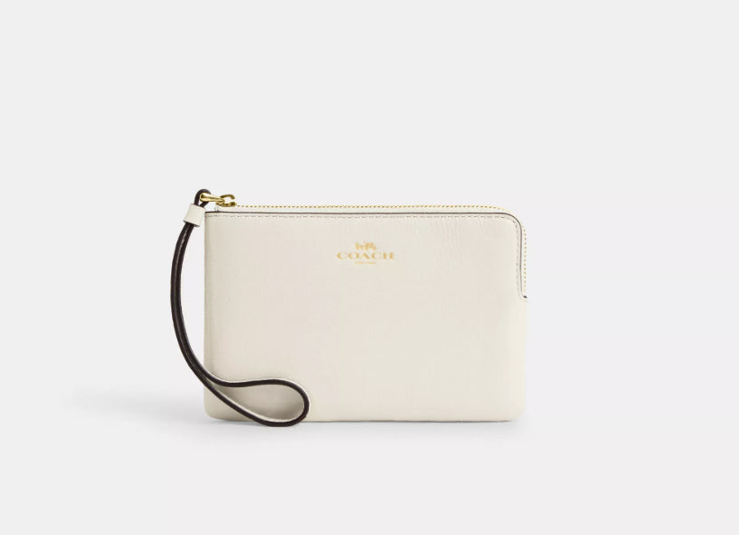 NWT Coach Patent Leather Corner Zip Wristlet In Gold/Pearl