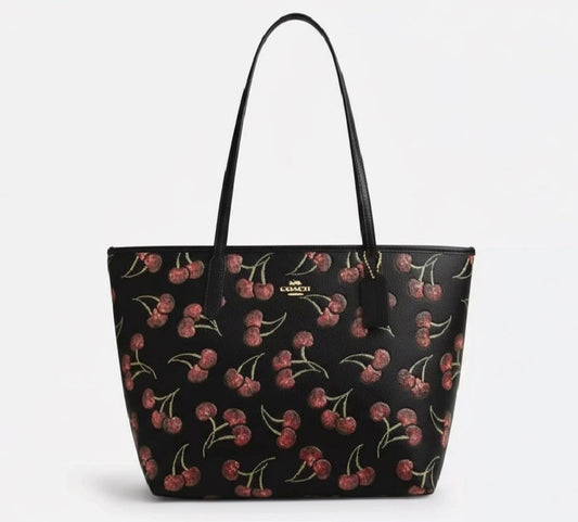 NWT Coach City Tote Leather Bag With Cherry Print In Gold/Black Multi