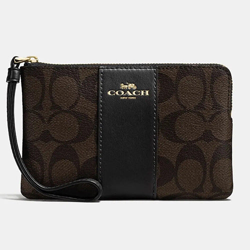 Coach Signature Canvas & Leather Corner Zip Wristlet Wallet Brown/Black