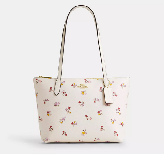 NWT Coach Fiona Zip Tote Bag with Floral Print In Gold Chalk Multi