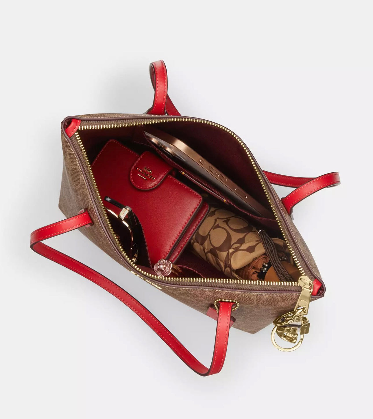 NWT Coach Fiona Zip Tote In Signature Canvas In Tan/Carnation