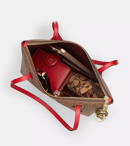 NWT Coach Fiona Zip Tote In Signature Canvas In Tan/Carnation