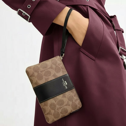 NWT Coach Signature Canvas & Leather Corner Zip Wristlet Wallet