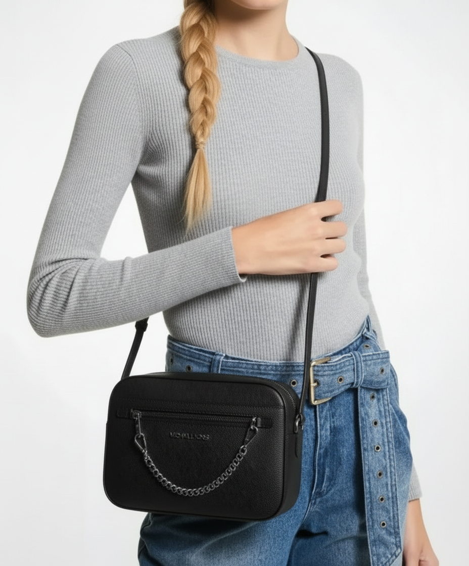 NWT Michael Kors Large Jet Set  Logo Unisex Crossbody Bag with Zip Chain