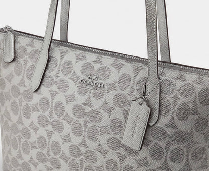 NWT Coach Fiona Zip Tote In Pearlized Signature Canvas & Metallic Smooth Leather