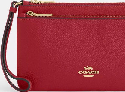 NWT Coach Leather Double Zip Large Wristlet Wallet In Gold/Red