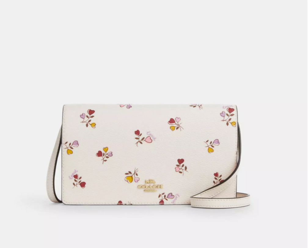 Coach Anna Foldover Clutch Crossbody Bag With Heart Print