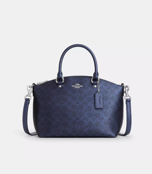 NWT Coach Sadie Satchel Bag In Pearlized Signature Canvas & Metallic Leather In Navy