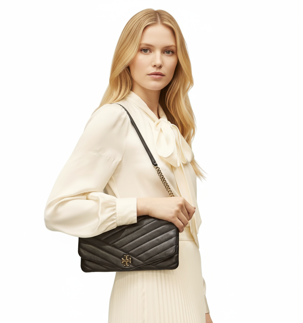 NWT Tory Burch Kira Chevron Black Clutch/Shoulder Bag With Dust Bag