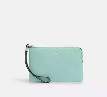 Coach Leather Corner Zip Wristlet Wallet Faded Blue