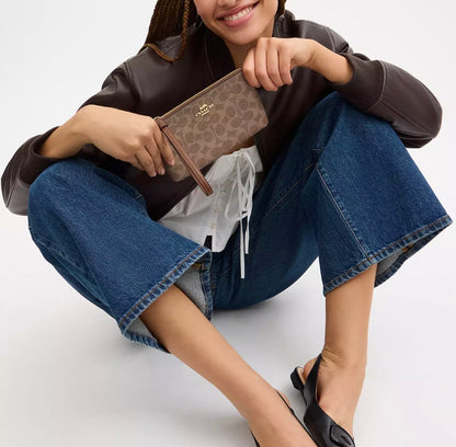 NWT Coach Large Corner zip Wristlet Wallet In Signature Canvas & Leather