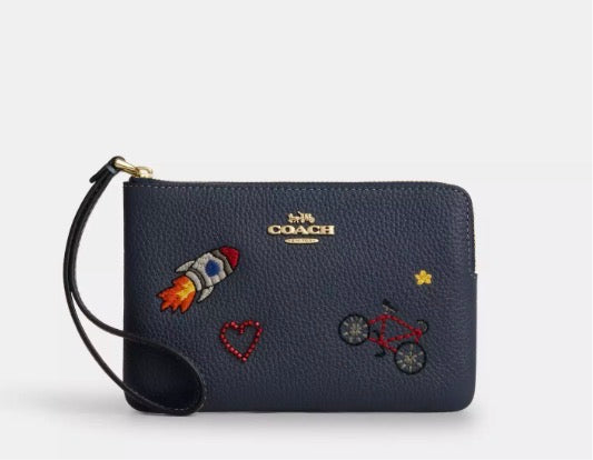 NWT Coach Leather Corner Zip Wristlet Wallet with Embellishments In Gold/Denim