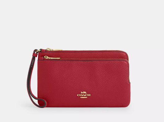 NWT Coach Leather Double Zip Large Wristlet Wallet In Gold/Red