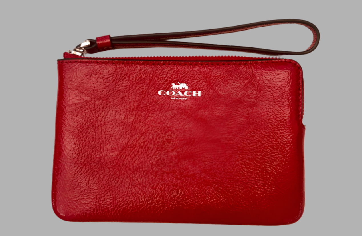 Coach Corner Zip Wristlet In Patent Leather In Silver/ Red