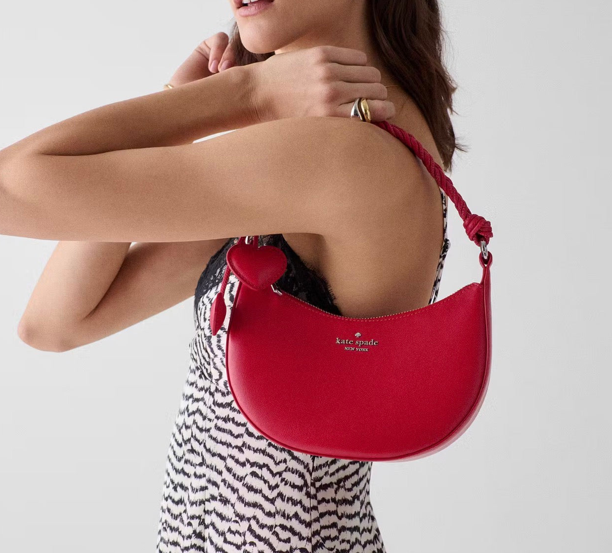 NWT Kate Spade Nova Braided Crescent Leather Shoulder Bag With Heart Charms