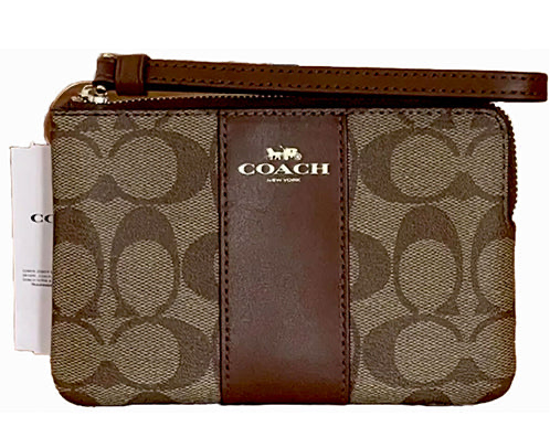 Coach Signature Canvas & Leather Corner Zip Wristlet Wallet