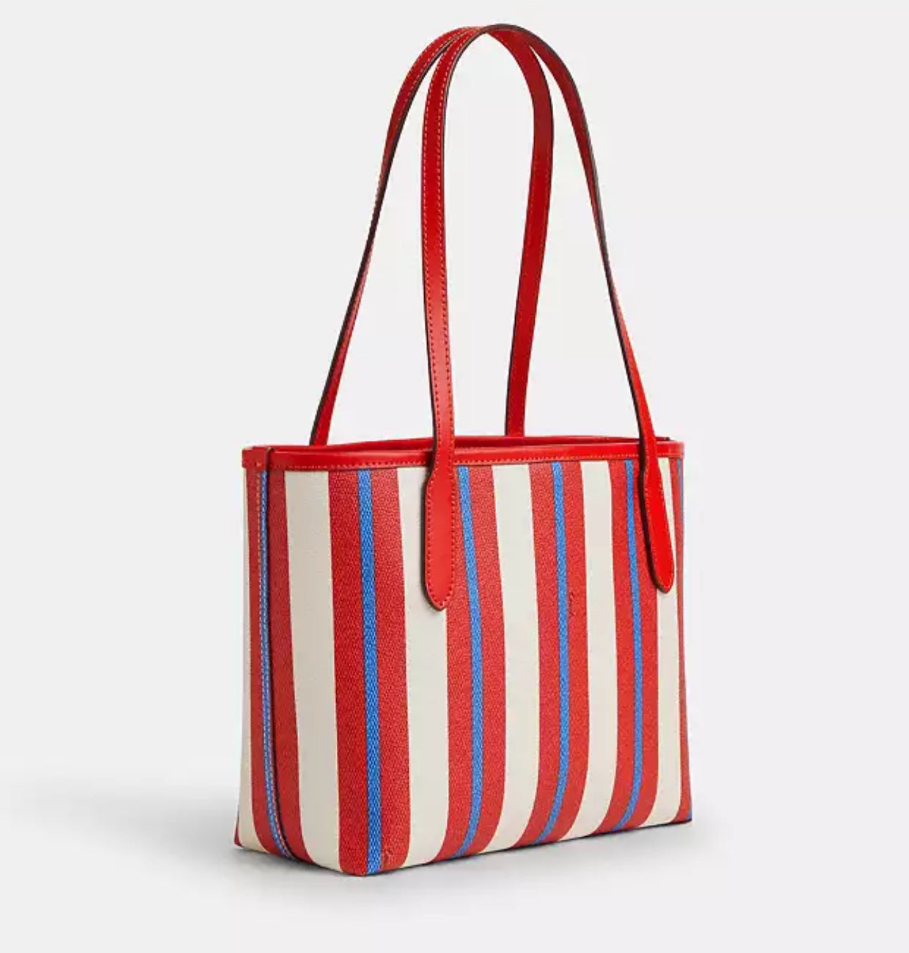 Coach Small City Tote With Stripe Print Canvas & Leather In Red/Chalk Multi