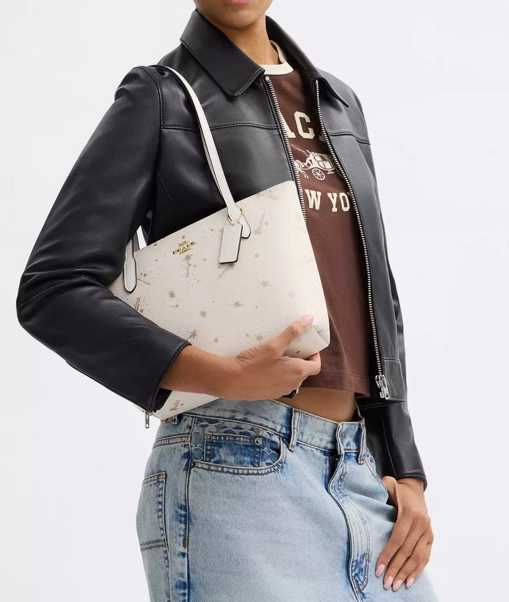 NWT Coach Fiona Zip Tote Bag with Star Print In Gold Chalk Multi