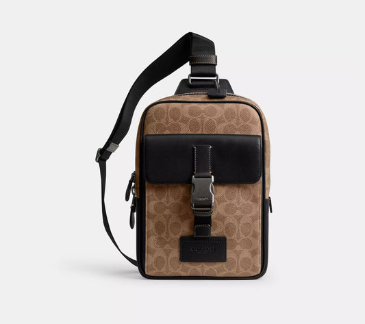NWT Coach Track Pack Signature Canvas & Leather For In Tan/Black