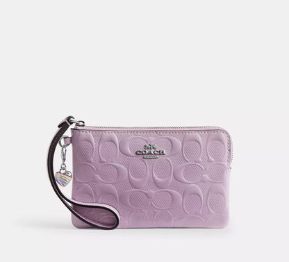 NWT Coach Corner Zip Wristlet Wallet In Signature Leather With Heart Charm In Silver/Light Violet