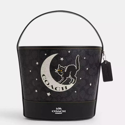 NWT Coach Trick Or Treat Bucket With Halloween Black Cat Moon & Stars