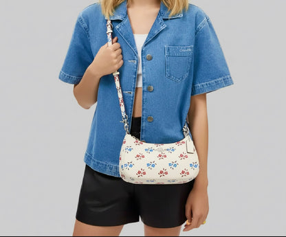 NWT Coach Leather Teri Shoulder Bag With Floral Print In Silver/Chalk Multi