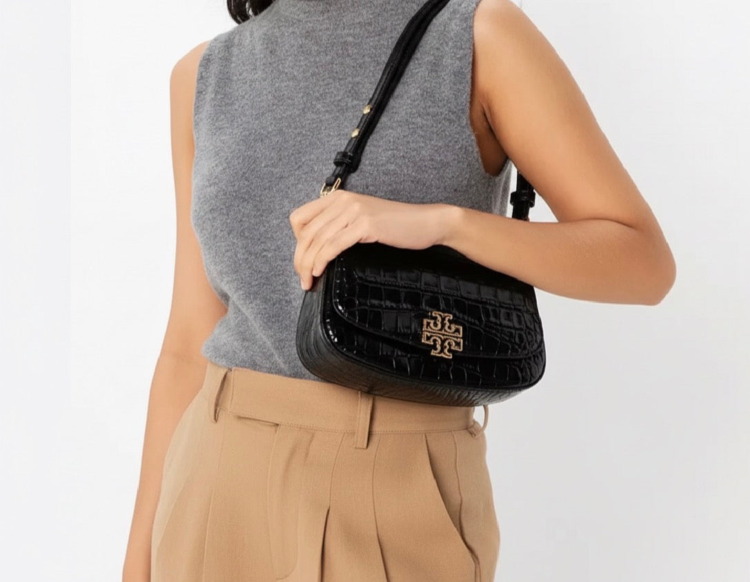 NWT Tory Burch Britten Embossed Convertible Crossbody Leather Handbag In Black