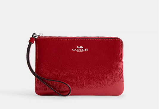 Coach Corner Zip Wristlet In Patent Leather In Silver/ Red