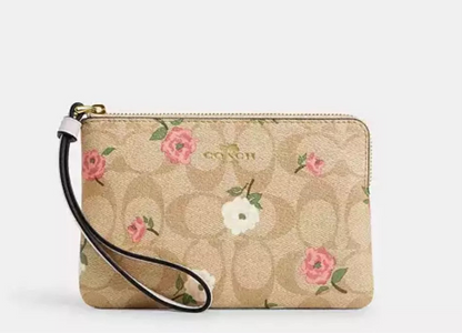 Coach Corner Zip Wristlet Wallet In Signature Canvas & Leather With Floral Print