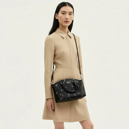 NWT Coach Sadie Satchel Bag In Black With Star Print