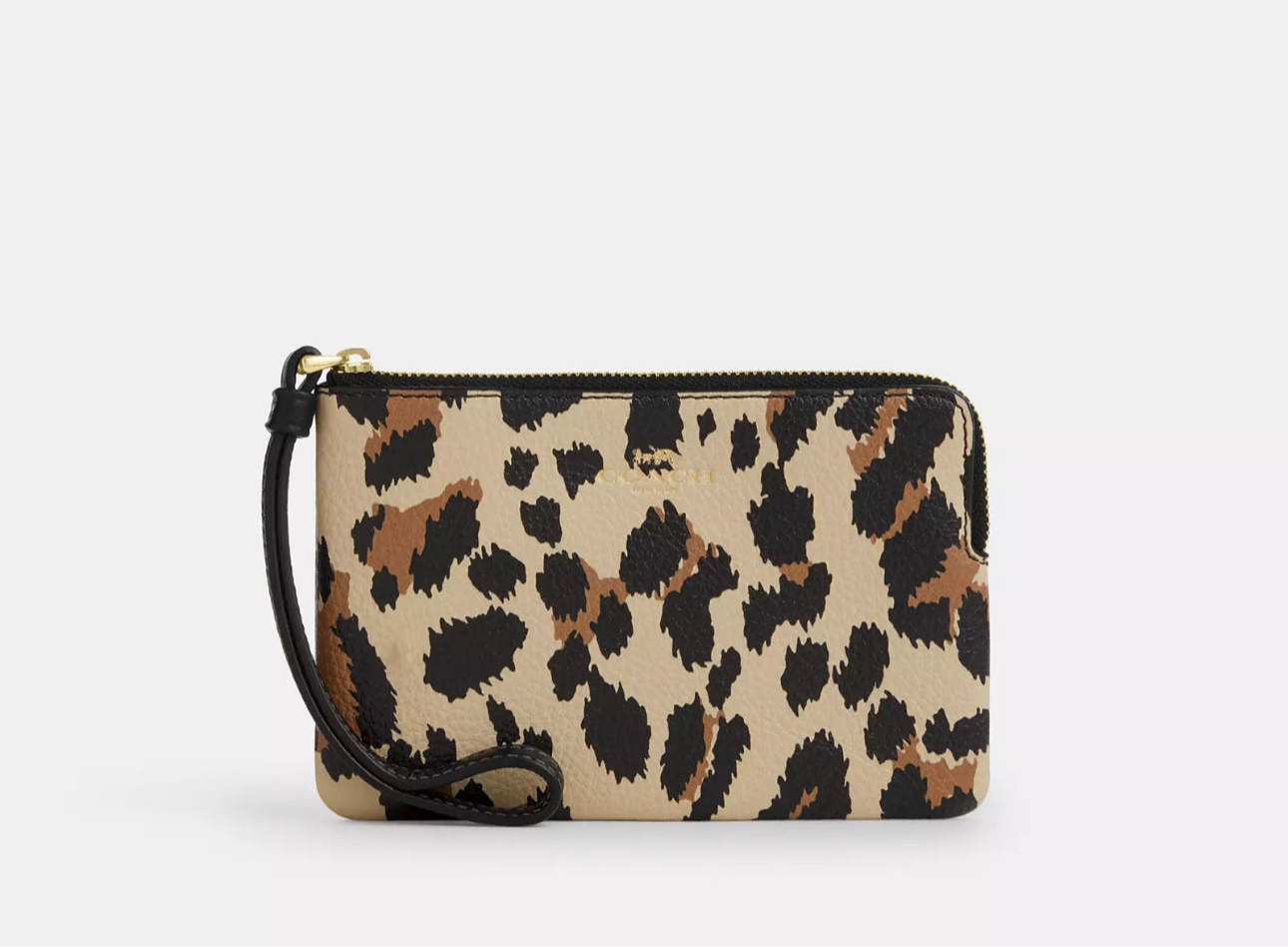 NWT Coach Corner Zip Leather Wristlet With Leopard Print
