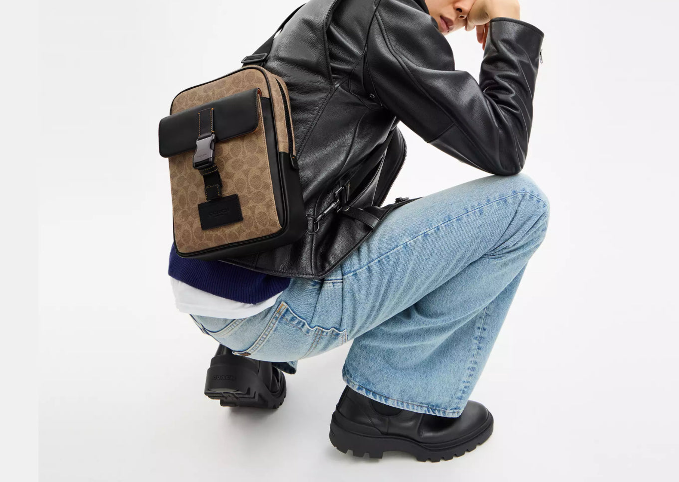 NWT Coach Track Pack Sling Bag In Signature Canvas & Leather Tan/Black