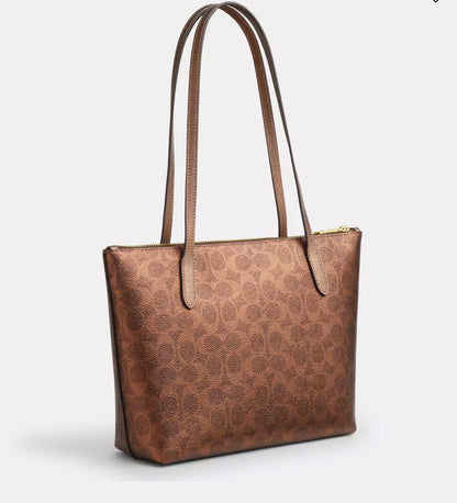 NWT Coach Fiona Zip Tote In Pearlized Signature Canvas & Metallic Smooth Leather