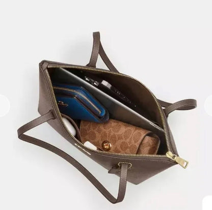 NWT Coach Leather Fiona Zip Tote In Gold/Dark Stone