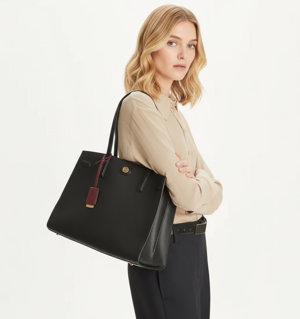 NWT Tory Burch LARGE Robinson Leather Satchel In Black with Dust Bag