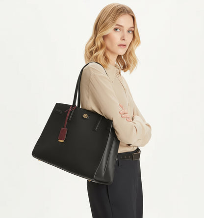 NWT Tory Burch LARGE Robinson Leather Satchel In Black with Dust Bag