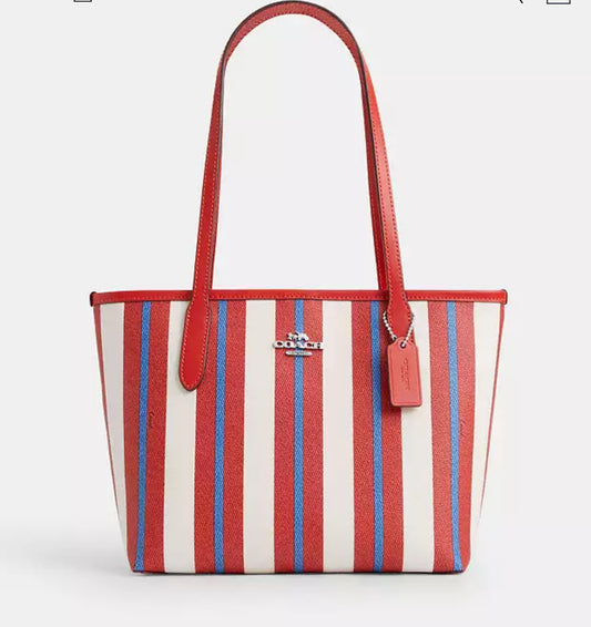 Coach Small City Tote With Stripe Print Canvas & Leather In Red/Chalk Multi