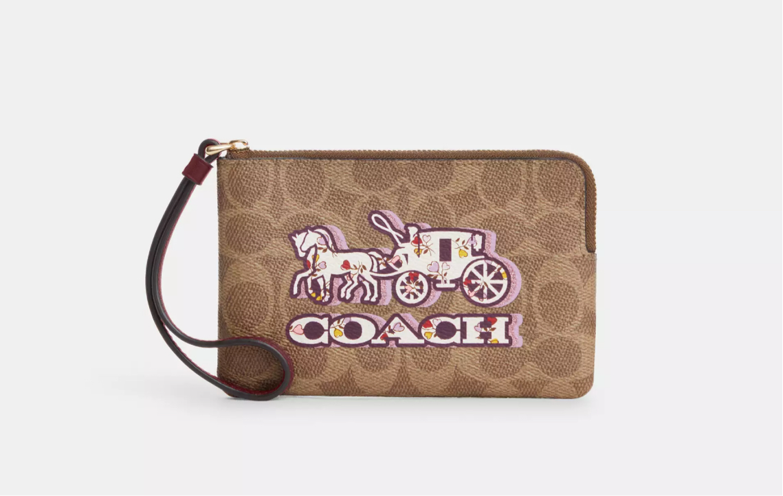 Coach Corner Zip Wristlet In Signature Canvas With Horse And Carriage Print