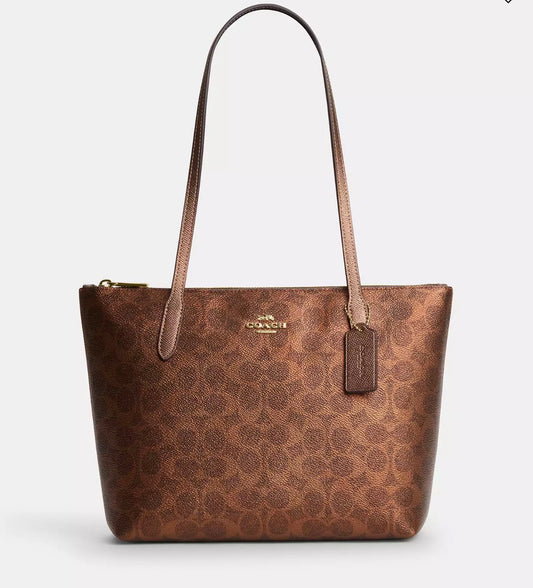 NWT Coach Fiona Zip Tote In Pearlized Signature Canvas & Metallic Smooth Leather